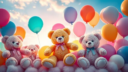 Floating Teddy Bears & Balloons Watercolor Sky Dreamy Childhood