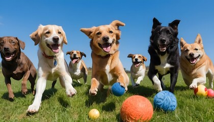 Joyful Dogs Playing Fetch in a Sunny Field