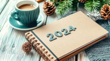 New year resolutions 2024 on desk. 2024 resolutions list with notebook, coffee cup on table. Goals, resolutions, plan, action, checklist concept. New Year 2024 template, copy space