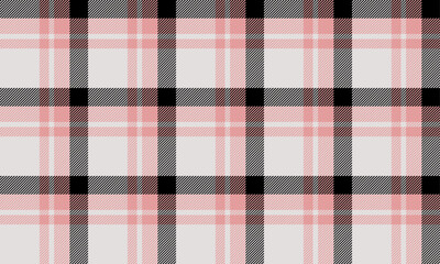 Plaid fabric pattern, pink, black, white, seamless for textiles, and for designing clothes, skirts, casual wear, or decorative fabrics. Vector illustration.