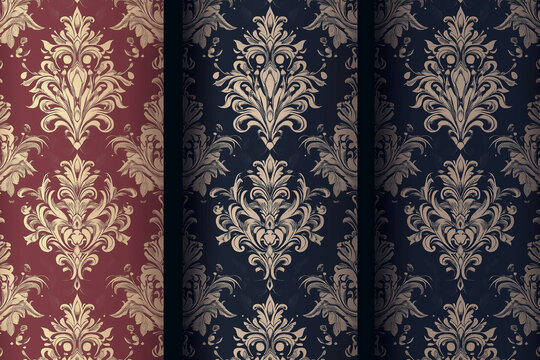 Set of Vector seamless damask patterns. Rich ornament, old Damascus style pattern for wallpapers, textile, packaging, design of luxury products