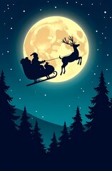 Christmas Card. Silhouette of reindeer flying in sleigh with Santa Claus against the background of full moon and starry sky over pine forest.	
