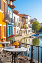 Obraz premium Casas de pescadores con fachadas coloridas y un ambiente tranquilo junto al agua en una hermosa mañana