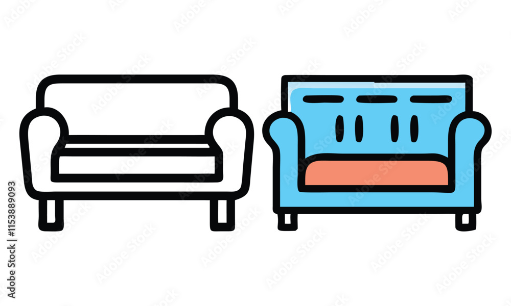 Poster minimalist sofa icons in outline and color, set of two sofa illustrations, featuring a simple outlin