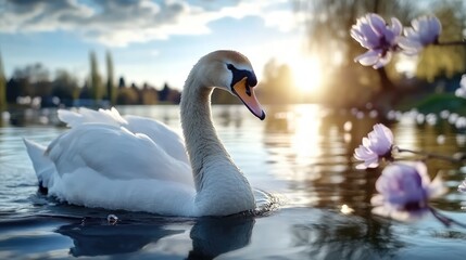 Obraz premium A swan swims smoothly on a serene lake, with sunlight reflecting off the water. Nearby, blooming flowers add color to the peaceful setting during sunset