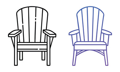 Adirondack Chair Icons in Outline Style, Set of two Adirondack chair illustrations, featuring classic slatted wooden designs in simple outline and gradient styles.
