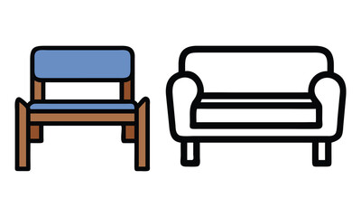 Wooden Chair and Sofa Icons, Pair of furniture icons featuring a blue cushioned wooden chair and a minimalist outline sofa, designed in modern styles.
