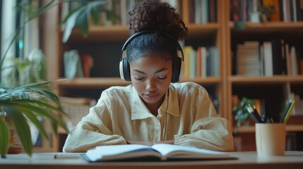 Focused african female student wears headphones elearning studying alone at home office desk. Millennial mixed race teen girl listening audio podcast e learning english language concept making notes.