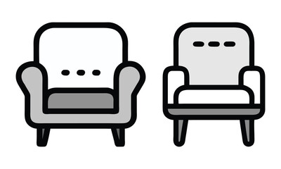 Armchair Icons in Modern Minimalist Style, Pair of armchair illustrations in grayscale with simple, modern designs, featuring padded seats and armrests for comfort.
