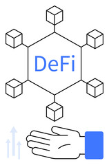 Obraz premium Six blockchain nodes connected to a central block labeled DeFi above a hand with upward arrows. Ideal for finance, cryptocurrency, peer-to-peer transactions, innovation, technology, investment