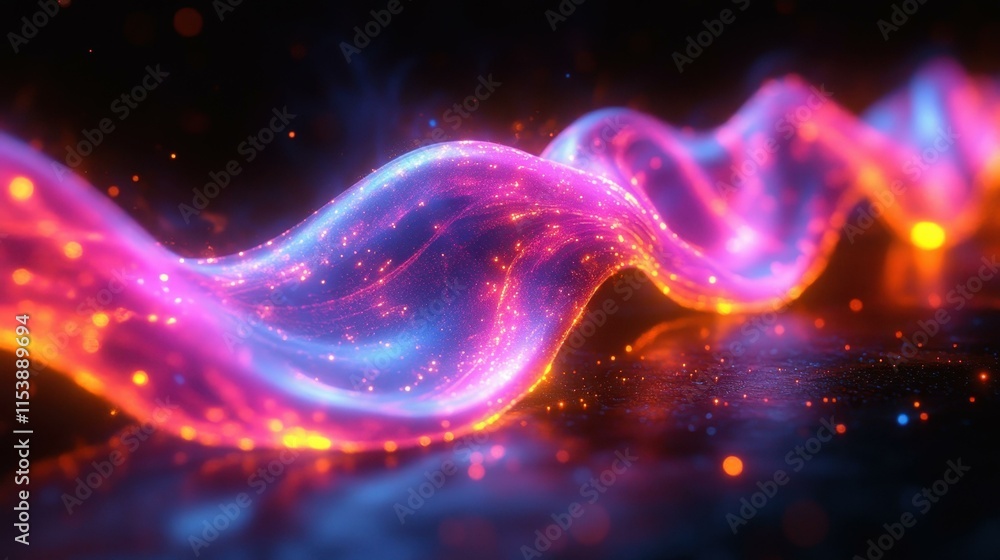 Poster vibrant glowing purple and pink abstract wave flowing dynamically with sparkling particles, futurist