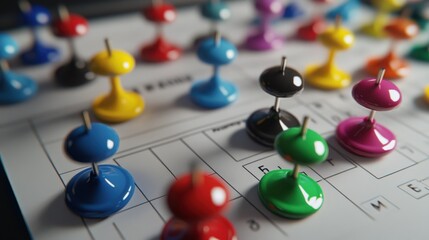 Various color thumb tack pins on calendar as reminder