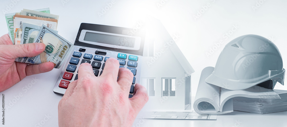 Aufkleber accounting for construction costs. architect hands with calculator. accounting for costs of erection