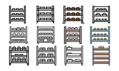 Collection of Food Storage Shelf Icons, Set of 12 vector icons featuring shelves with food items like bread, jars, and dishes in flat and outline styles.
