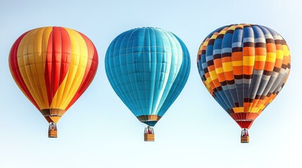Obraz premium Three colorful hot air balloons with red, blue, and striped patterns flying in clear blue sky for travel adventure, festival, vacation, outdoor fun, and summer excitement background