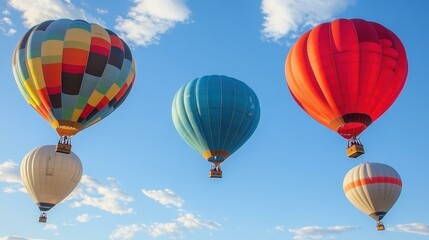 Obraz premium Colorful hot air balloons floating in blue sky during daytime festival event with clouds background perfect for travel, adventure, tourism, outdoor, celebration images