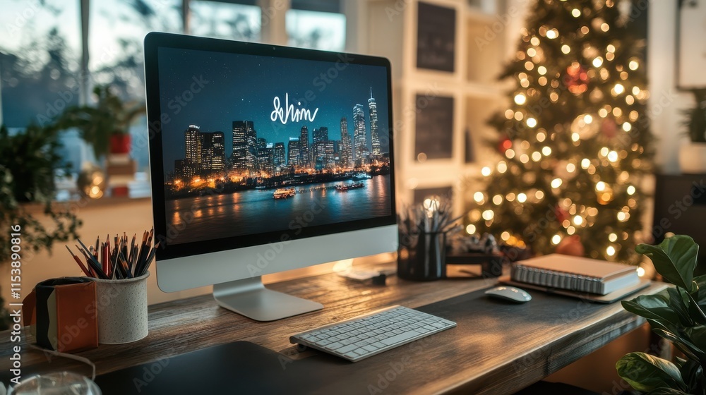 Poster text new years's resolutions on note, office desk with computer