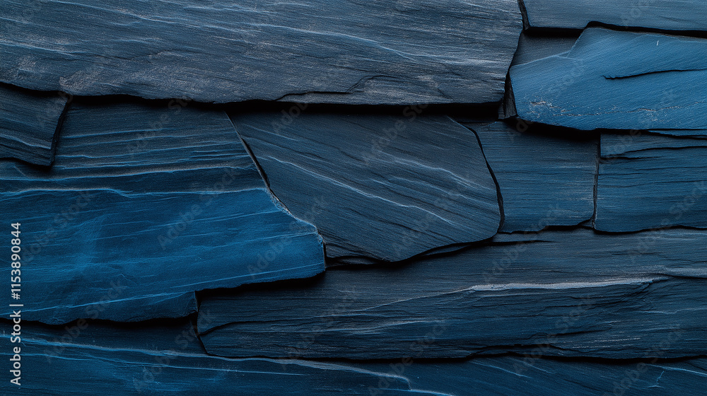 Poster dark blue rock texture background with layered slate stones, showcasing unique patterns and shades. 