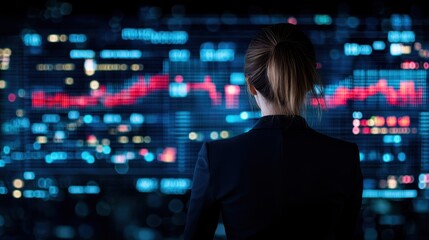 Businesswoman Analyzing Stock Data with Digital Graphics and Financial Charts at Night