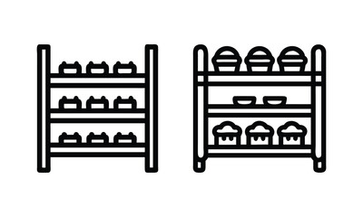 Obraz premium Minimalist Pantry Shelf Line Art Designs, Set of two black-and-white pantry shelf illustrations in line art style, featuring neatly organized jars and baskets, ideal for storage and kitchen themes. 