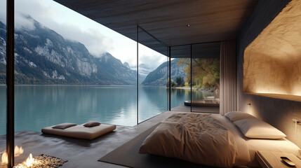 Fototapeta premium A luxurious bedroom with a large window overlooking a lake and mountain