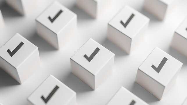 Checklist, questionnaire, to do list or business planning concept. Check mark or tick symbols on white cubes.