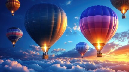 Fototapeta premium Colorful hot air balloons floating at sunrise over clouds, adventure travel experience, vacation trip, sky festival event, scenic vibrant sky background for tourism promotion and outdoor activities