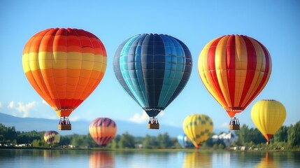 Obraz premium heic Squarespace designer Thumbnail Mental coach NFT Marketing Wellness retreat Telegram channel Dezgo Togetherall Tunetank Colorful hot air balloons floating in blue sky over green landscape, perfec