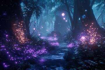 Mystical forest illuminated by glowing plants and ethereal light