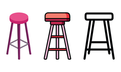 Colorful and Minimalist Bar Stool Illustrations, Set of three bar stool illustrations in colorful and line art styles, showcasing modern and sleek designs, ideal for furniture and interior themes.
