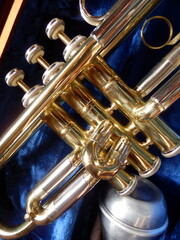 Close up of trumpet valves and stops in a case
