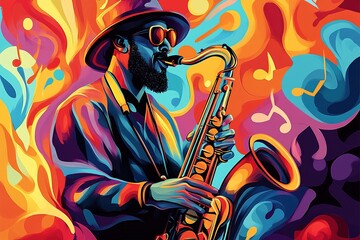 Fototapeta premium Vibrant saxophonist playing passionately amidst swirling colors
