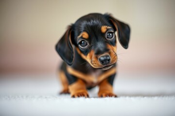 Obraz premium A tiny dachshund puppy is curiously navigating a soft surface indoors, playfully stretching its legs while showcasing its adorable features in a warm environment