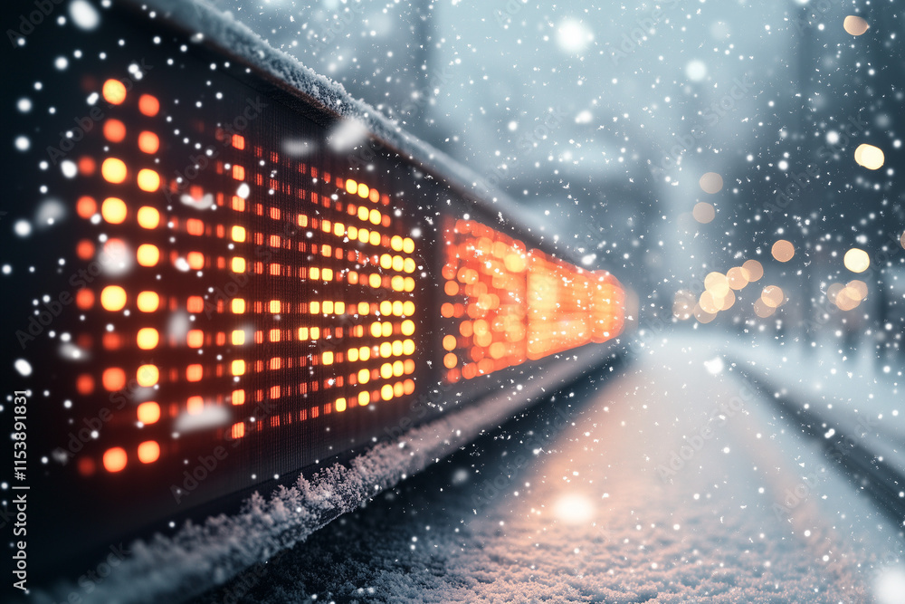 Poster a glowing stock ticker surrounded by frosted snowflakes and icicles, with a snowy landscape in the b