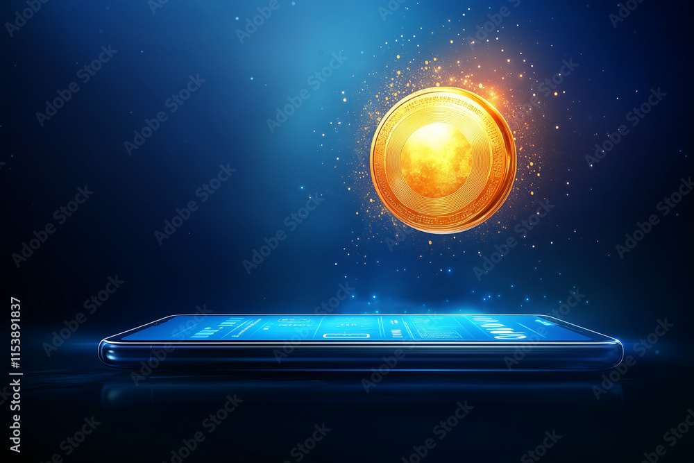Poster a digital gold coin floating above a smartphone screen displaying investment apps, symbolizing moder