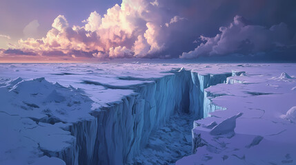 A vast icy crevasse stretches across a frozen landscape under a moody sky, ai. Crevasse. Illustration
