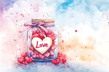 Colorful jar filled with heart shapes, symbolizing love and affe