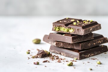 Rich chocolate bars stacked with crushed pistachios, showcasing