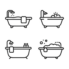 Minimalist Bathtub Line Art Illustrations, Set of four black-and-white bathtub illustrations in line art style, featuring towels, faucets, and bubbles, perfect for bathroom and home decor concepts.
