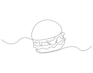 Continuous one line drawing of burger. One line drawing illustration of hamburger. Junk food, fast food concept single line. Editable outline