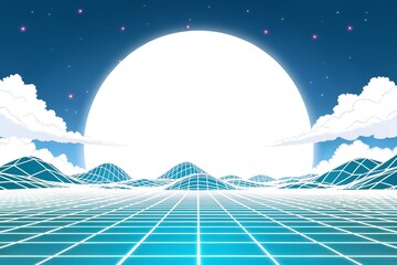 A minimalist futuristic digital landscape with an expansive neon grid and a giant glowing moon dominating the horizon under a clear starry sky.