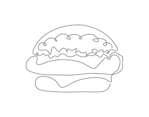 Continuous one line drawing of burger. One line drawing illustration of hamburger. Junk food, fast food concept single line. Editable outline