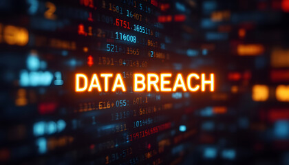 Obraz premium Data Breach, Digital Security Threat Concept, Cybersecurity Incident, Data Breach Alert, Data Vulnerability, Binary Code and Warning Message