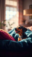 A tiny Dachshund puppy sits comfortably on a colorful blanket at home, looking cheerful and playful as sunshine fills the cozy room