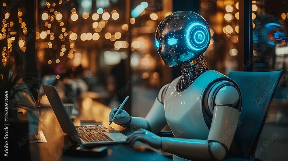 Poster futuristic robot assistant managing and organizing office tasks schedules and workflow in a contempo