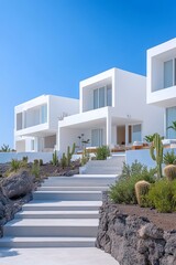 Casas blancas de estilo isle&ntilde;o con techos y vegetaci&oacute;n en un entorno soleado y despejado