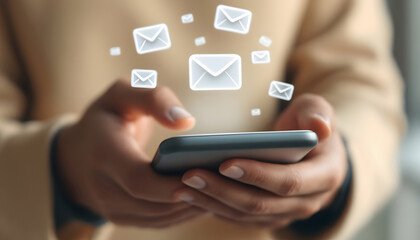 Mobile Email Marketing, Smartphone and Email Icons, Digital Communication, Sending and Receiving Emails on Phone, Smartphone with Floating Email Symbols