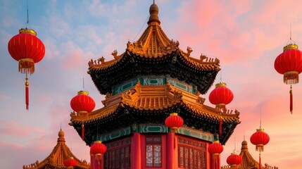 Fototapeta premium Chinese New Year luck and parade, A vibrant pagoda adorned with red lanterns against a colorful sunset sky, showcasing traditional architecture and cultural beauty.