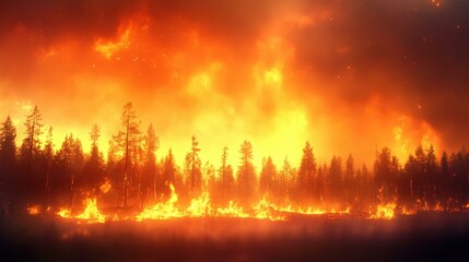 Obraz premium Forest trees engulfed in intense bright orange wildfire flames spreading rapidly across dry landscape, dramatic environmental disaster background perfect for climate change, nature crisis, emergency