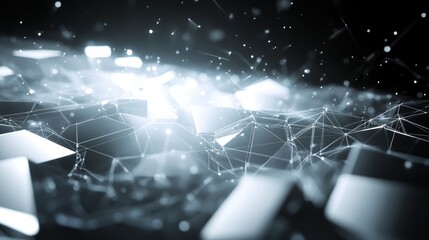 Obraz premium Abstract digital landscape with interconnected shapes and glowing particles.